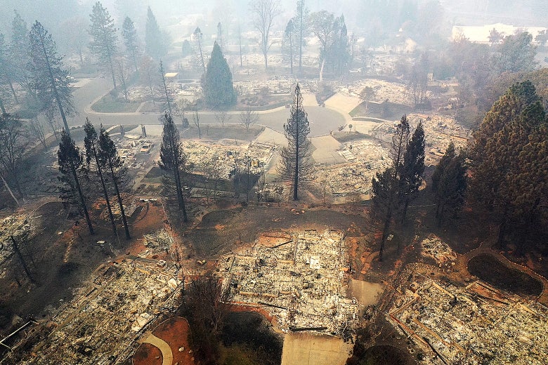 An aerial view of a neighborhood destroyed by the Camp Fire on Nov. 15 in Paradise, California.
